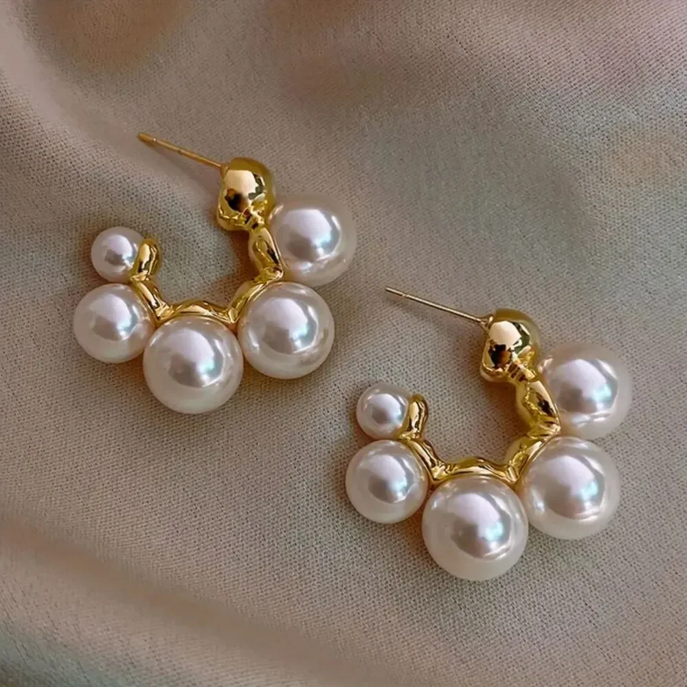 “Antonia” Modern Classic Gold and Pearl C Hoop Earrings